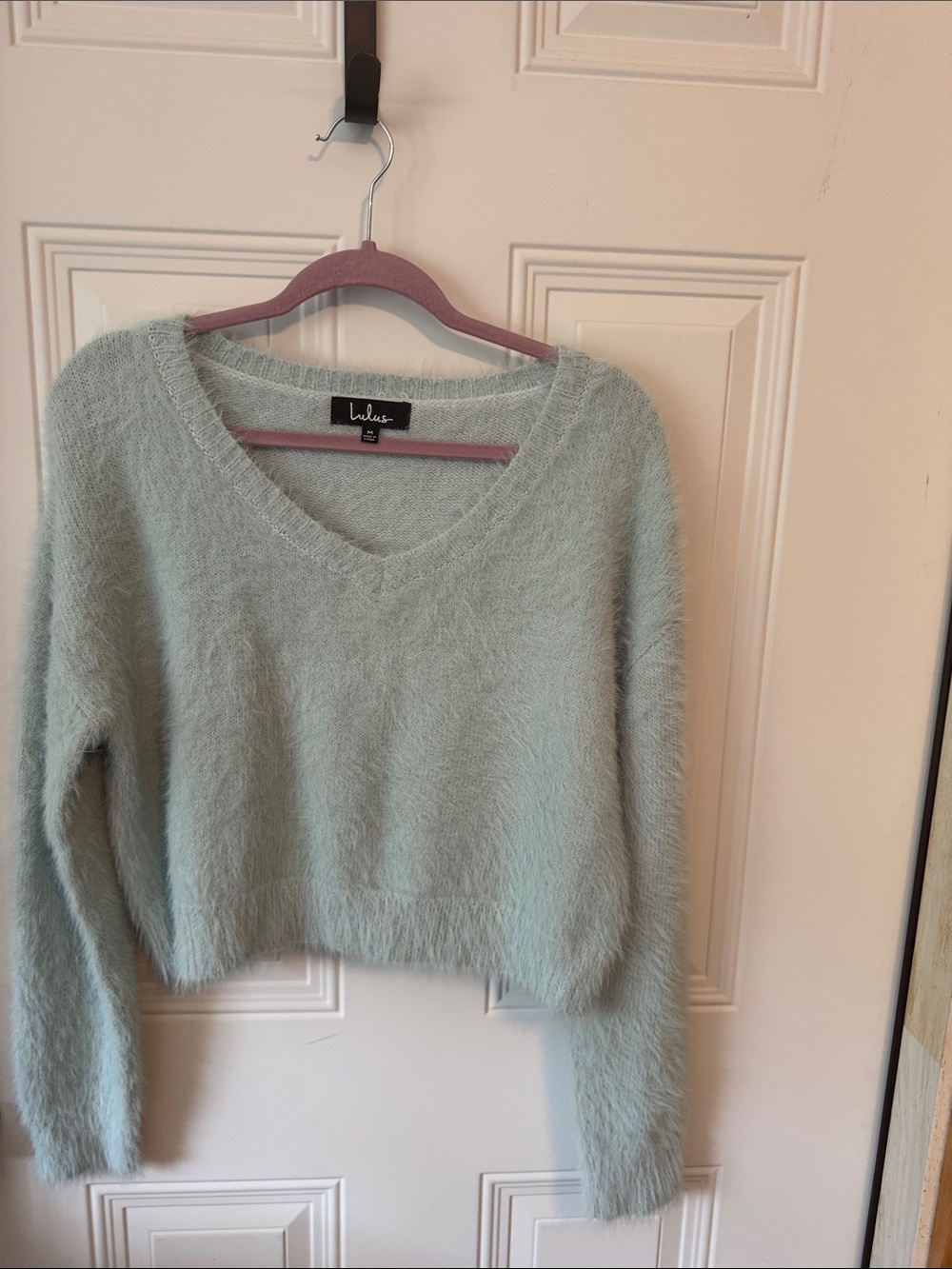 Lulu's Mint Green Fuzzy V-Neck Cropped Sweater